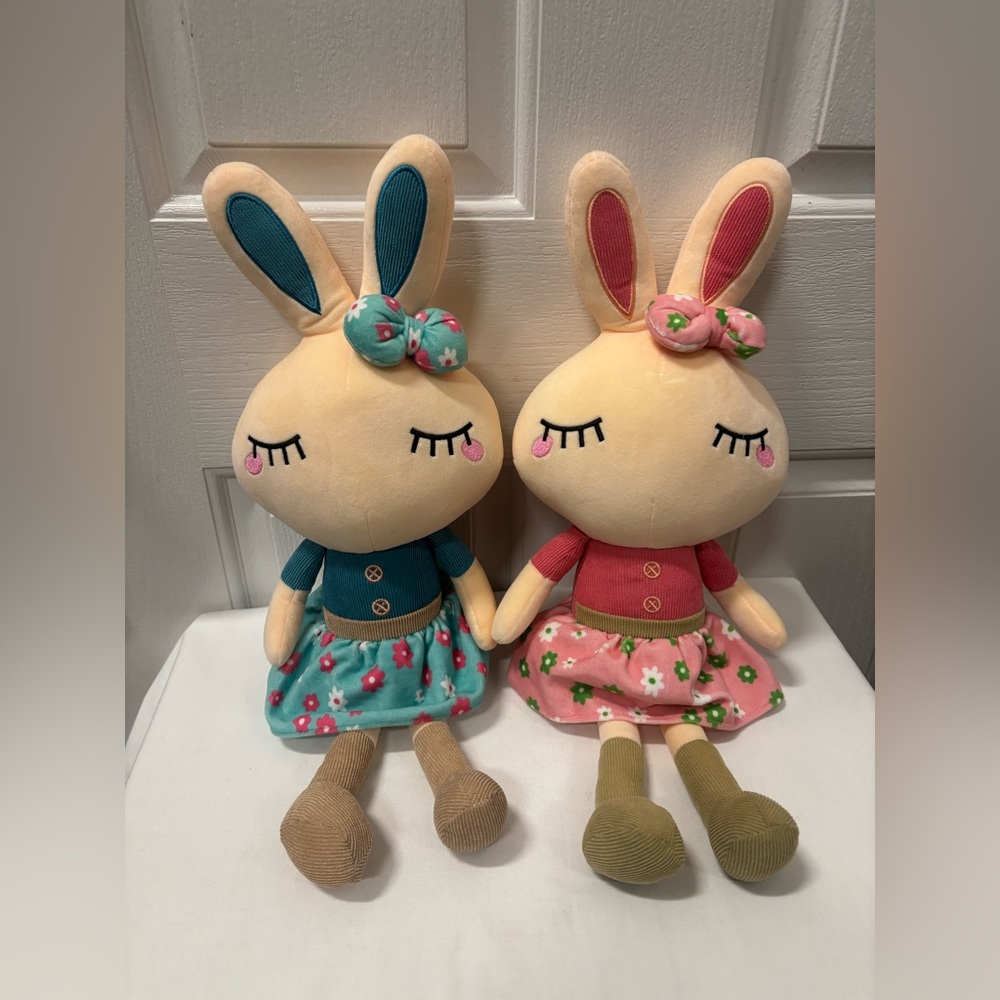 Cllayees Plush Bunny Dolls Matching Set of 2 Blue & Pink Outfits